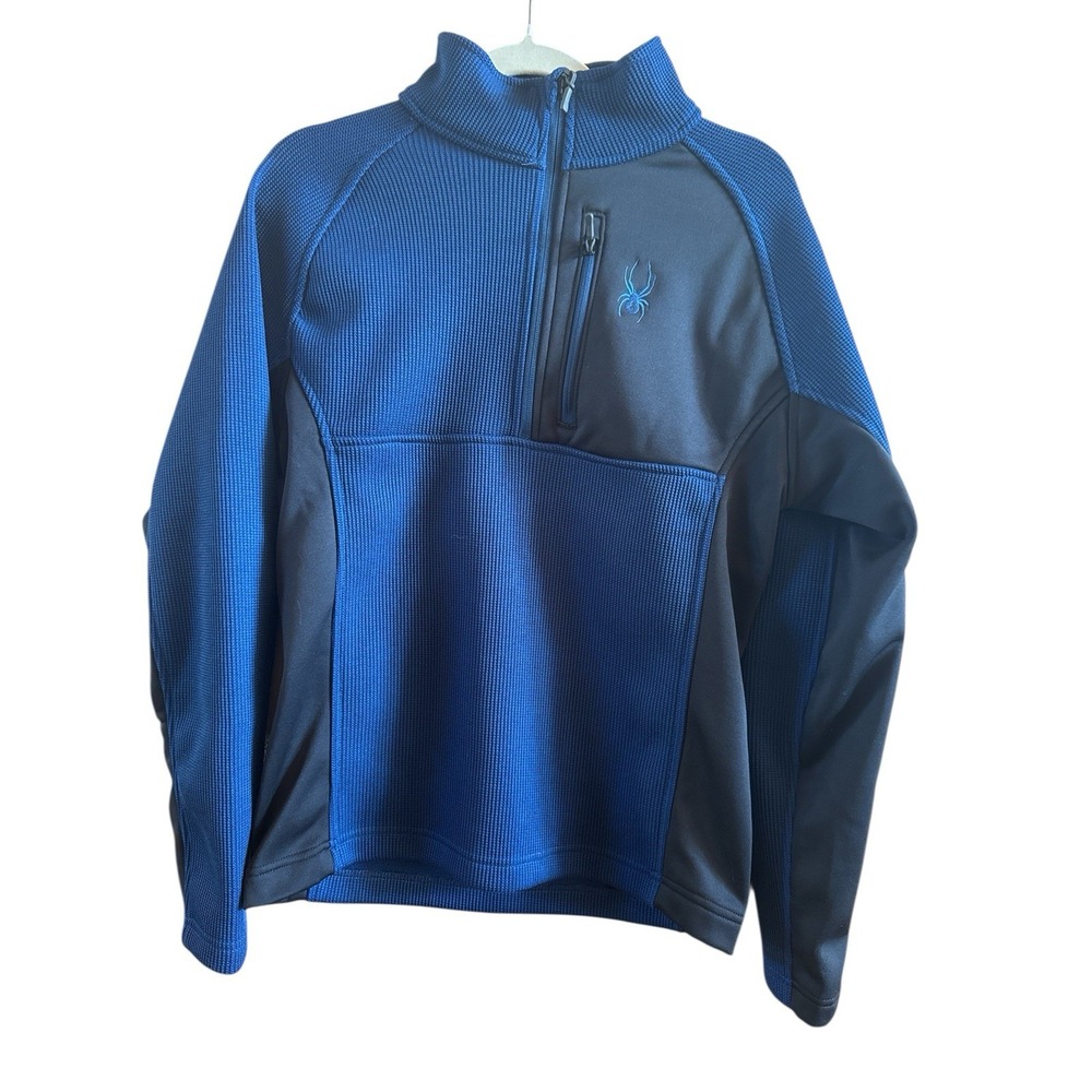 Spider Blue Black Men's Sz Small 1/4 Zip Waffle‎ Knit Pullover Jacket Zip Pocket